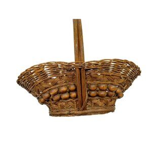 Large Vintage Willow Wicker Wood Bead Basket Handmade Rattan 16 inch